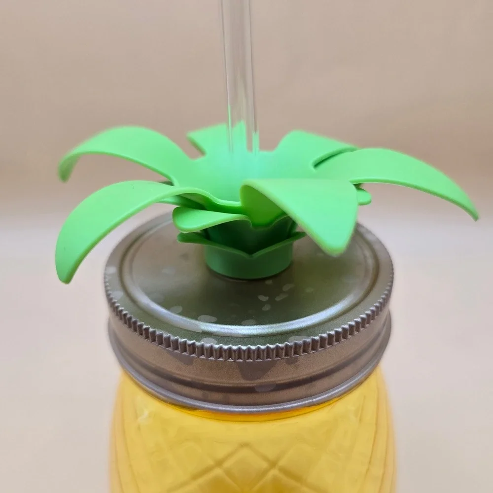 Pineapple Shaped Tumbler Yellow Plastic Mason‎ Jar Cup with Straw & Green Leaves